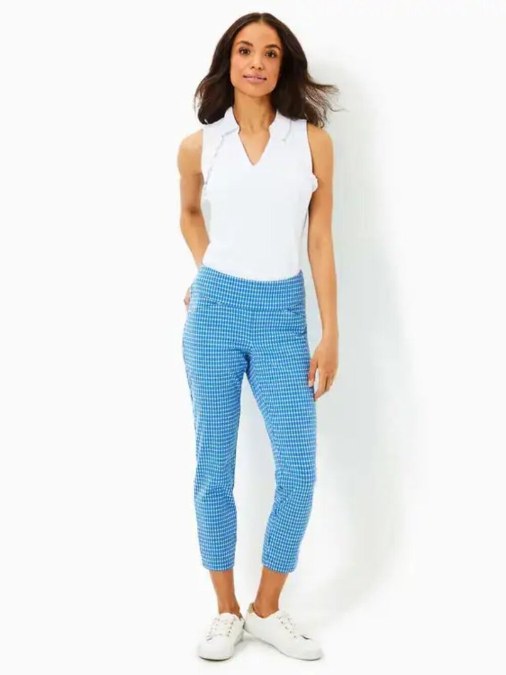 Lilly Pulitzer Luxletic Corso Crop Capri Pants Cropped Gingham Plaid Blue Size 8